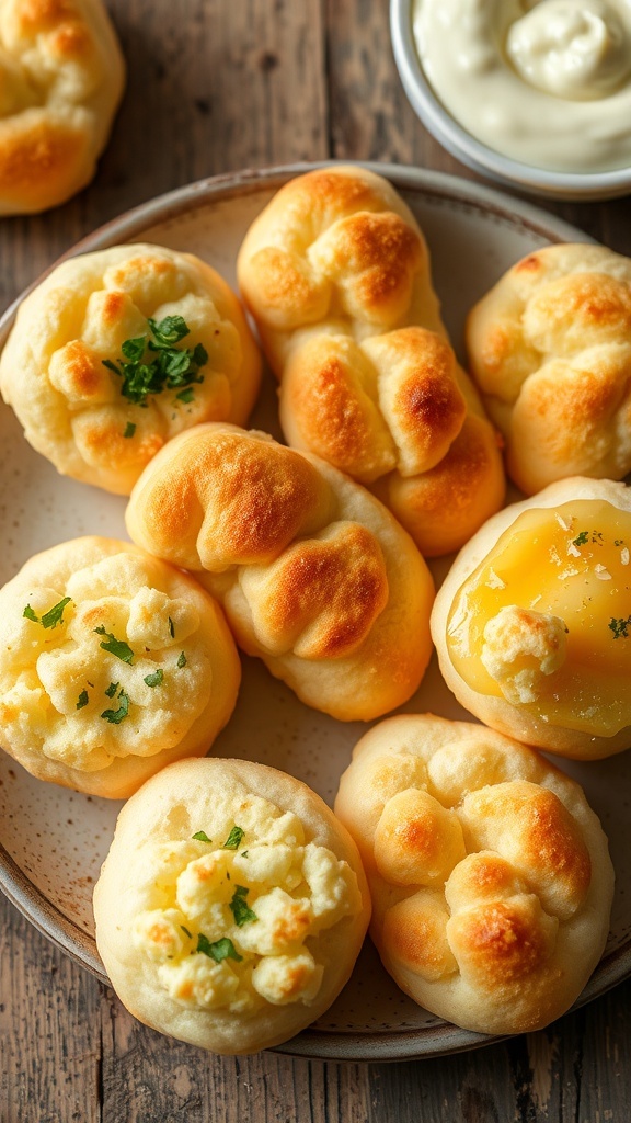 Fluffy cloud bread variations on a plate, topped with herbs and cheese, on a wooden table.